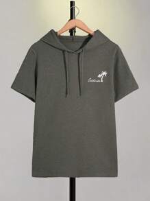 RueChic Men Waffle Fabric Letter Printed Regular Summer Short Sleeve Hoodie - Army Green - View 3