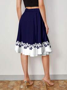 SHEIN Clasi 浪漫蓝色花卉印花女式简约A字裙，适合夏季女士服装夏季 - 藍白色 - 查看 2