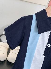 Bộ 2 áo thun polo và quần short cho bé trai/bé gái, áo polo khối màu bất đối xứng, thiết kế mở phía trước tiện lợi, thích hợp mặc ở nhà, chơi ngoài trời, tiệc tùng và mọi dịp - Màu xanh lam - Xem 9