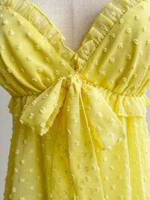 Soleia Western Wear Women,Easter Dress Women,Wedding Guest Dress Women,Vacation Dress,Concert Outfit Women,Boho,Rave Outfit Festival,Vacation Women's Yellow Romantic Floral Perforated Texture Cup Shirred Cinched Waist Front Bow Decor Layered Ruffle Hem Mini Dress,Summer Dress For Women,Birthday Dress For Women - Yellow - View 5