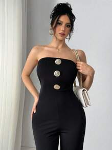 INAWLY Fashion Commuter Metal Buckle Decor Jumpsuit