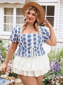SHEIN VCAY Plus Size White Base Blue Floral Embroidered Bishop Sleeve Square Collar Blouse Cute Summer Tops Embroidery Summer For Women Spring Easter Women Festival Rave Elegant Vacation Woman Casual Boho Graduation Brunch For Women Wedding Guest Women Bohemia Concert Women Country Concert Beach Vacation - Multicolor - View 3