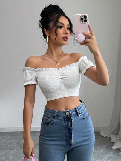 Breezaya Women's Solid Color Sexy Off Shoulder Textured Fashionable Crop Top