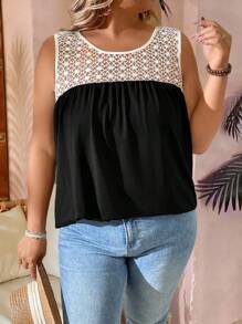 SHEIN LUNE Camiseta de mujer de cuello redondo con encaje de contraste - Negro - Ver 1