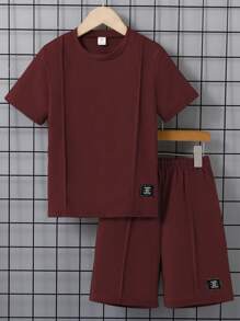 SHEIN 2pcs/Set Tween Boy Solid Color Round Neck Short Sleeve T-Shirt And Shorts, Minimalist And Fashionable For Summer