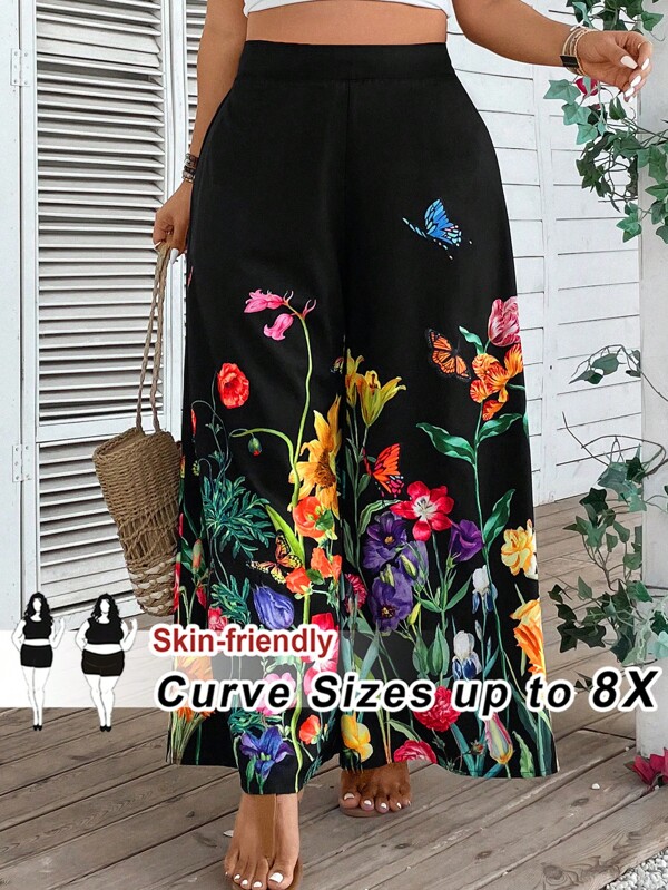 SHEIN CURVE+ Plus Size Women's Vacation Floral Print High Waist Wide Leg Pants, Summer, Beach Resort Boho Vacation