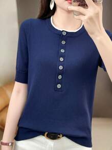 SHEIN LUNE Top de punto informal con decoración de botones lisos, estilo coreano - azul real - Ver 7