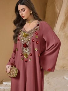 Al Najma 女士 V 领套头衫优雅花卉长袍传统长裙，春夏 - 粉色 - 查看 5