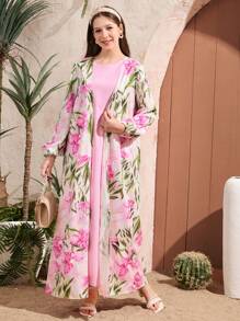 Teen Girls 2 Pieces Set: Flower Print Sleeveless Dress And Long Casual Jacket - Purple - View 7