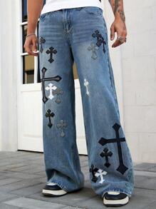 ROMWE MEN Goth Men's Gothic Cross Simple Fashion Jeans Suitable For Summer