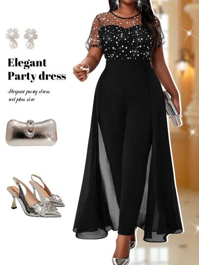 Fleurora Spring And Summer Elegant Black Knitted Round Neck Flowy Woven Bishop Sleeve Long Plus Size Jumpsuits Valentine's Day Vacation Outfits Woman New Year Party Valentine's Day Valentines Clothes Valentines Valentine's Day Valentines Gifts Festival Outfits For Women Valentines Outfit Women