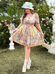 Lyrianda 大码浪漫方领花卉印花荷叶边下摆雪纺连衣裙