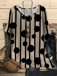 EMERY ROSE Plus Size Retro Country Polka Dot Pattern Placement Print Round Neck Loose Shirt, Summer Women's Wear Chic Blouses For Women - Khaki - View 1