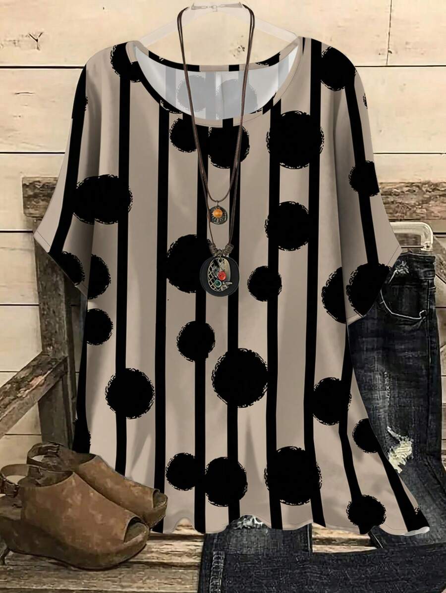 EMERY ROSE Plus Size Retro Country Polka Dot Pattern Placement Print Round Neck Loose Shirt, Summer Women's Wear Chic Blouses For Women - Khaki - View 1