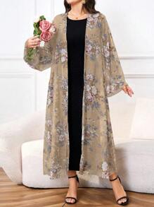 Modelyn Plus Size Solid Color Round Neck Long Sleeve Jumpsuit And Mesh Floral Allover Print Coat 2pcs/Set 2 Pieces Set - Beige - View 4