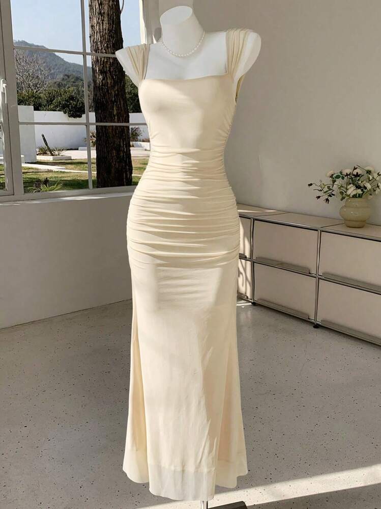 Comfortcana Women Summer  Beach Party Y3k Elegant Solid Color Ruched Sleeveless Dress - Beige - View 5