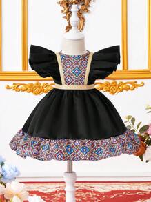 SHEIN Babygirl 可爱几何图案荷叶边夏季连衣裙 - 黑色 - 查看 6