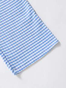 SHEIN 2pcs/Set Young Girls Textured Crinkle Plaid Sleeveless Top With Ruffle Trim Asymmetrical Hem And Wide Leg Pants, Casual Resort Vacation Outfit - Blue - View 8