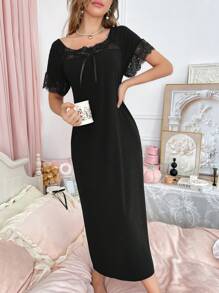 Women's Elegant Solid Color Lace Patchwork Loose Nightgown - Black - View 7