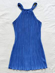 Soleia 挂脖式、紧身、纯色、褶皱迷你连衣裙 - 寶藍色 - 查看 2