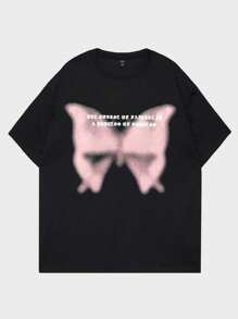 ROMWE MEN Street Life Men Cotton Slogan Butterfly Graphic Y2k T-Shirt, School - Black - View 4