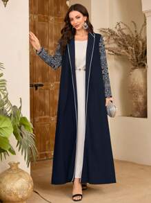 Al Najma Women's Pattern Pleated Splice Conservative Elegant Arabic Abaya, Modest Robe