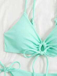 SHEIN Swim Vacation Beach Solid Color Wireless Top With Tie Side Thong Bikini Set For Summer - Mint Blue - View 4