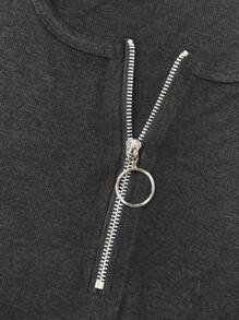 INAWLY Women's Casual Solid Color Front Zip Short Sleeve T-Shirt - Dark Grey - View 4