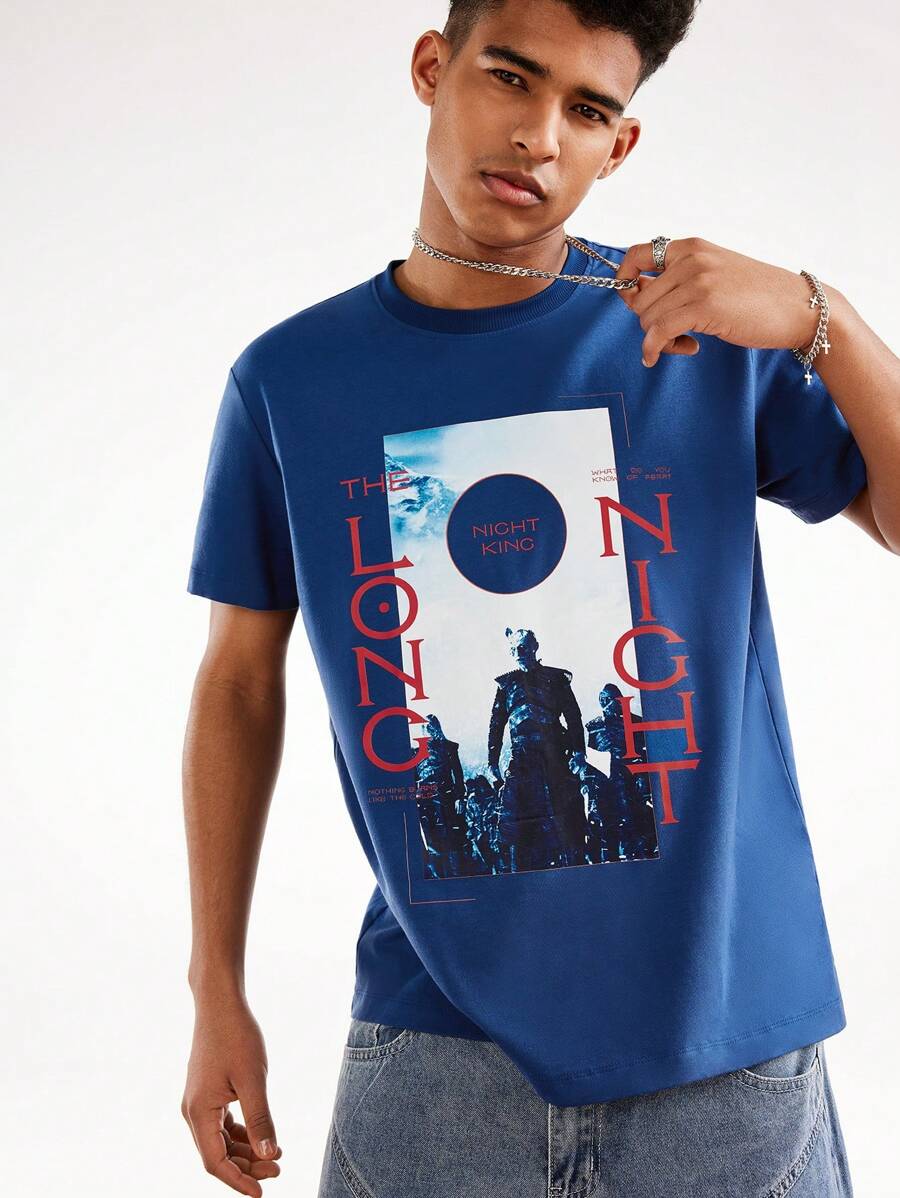 Game of Thrones X SHEIN Men's Casual Portrait & Letter Print Short Sleeve T-Shirt, Summer - Blue - View 1