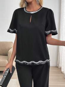SHEIN Clasi Women's Elegant Black Summer Blouse,Sequin Party Night Casual Top With Front Keyhole,Raglan Short Sleeve,Silver Sequin Trim Collar Cuffs And Hem - Black - View 6