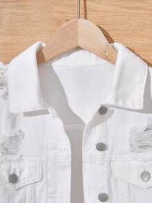 SHEIN 青少年女孩春夏海滩波西米亚风度假白色水洗破洞牛仔裤夹克上衣，女孩夏季音乐会狂欢节街头服饰