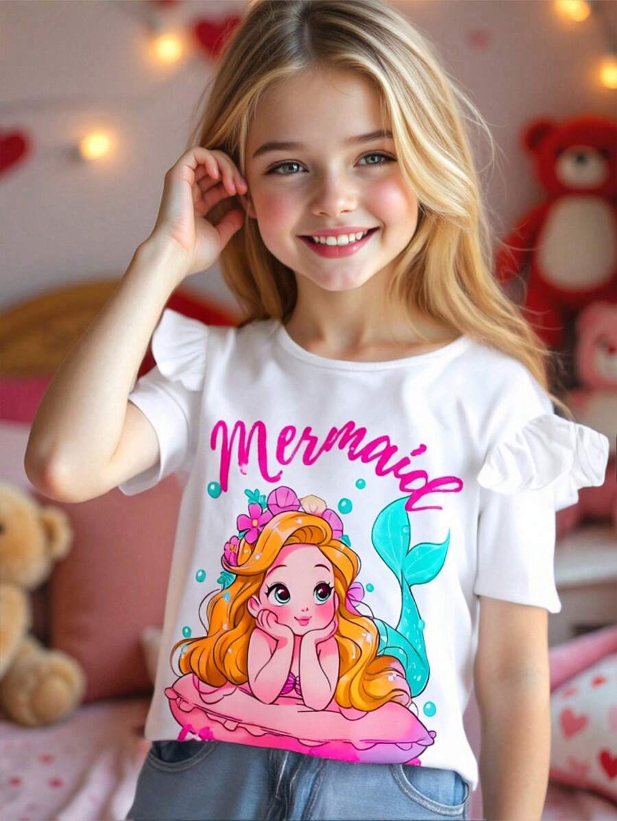 SHEIN Tween Girl Vacation Casual Cartoon Mermaid Print T-Shirt - White - View 1