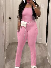 INAWLY Plus Size Women Solid Color Tight Fitted Side Pocket Jumpsuits - Pink - View 4