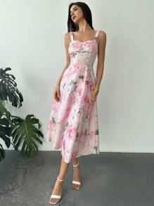 Firerie Nuevo conjunto elegante y romántico para el Día de San Valentín con top tipo camiseta rosa con estampado floral y vestido largo con abertura y cintura anudada - Rosa - Ver 2