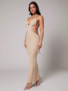 Silquee Cover Ups Black Crochet Sexy Deep V-Neck Hollow Slit Spring And Summer Holiday Clothes Mid-Length Women's Dress - Khaki - View 3