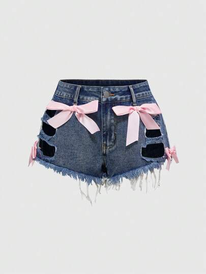 J-Fashion Short en jean d'été, mode femme, sexy, avec nœud papillon, effet ajouré et transparent