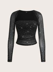 SHEIN EZwear 女士长袖褶皱 T 恤，配黑色网布和水钻