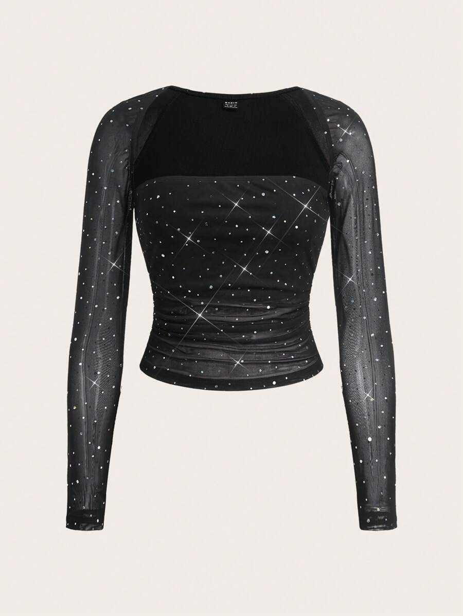 SHEIN EZwear 女士长袖褶皱 T 恤，配黑色网布和水钻