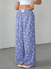 SHEIN PETITE 女士字母贴花、雏菊花卉格子图案休闲阔腿裤 - 藍色 - 查看 4