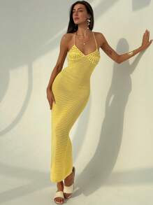 Aloruh Vestido sexy amarillo apretado sin espalda hecho a mano a ganchillo para mujeres, apto para vacaciones de primavera/verano - Amarillo - Ver 6