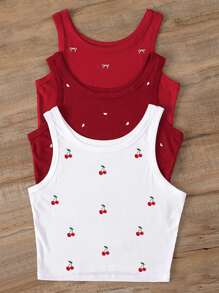 SHEIN 3 قطع/بكج، قميص داخلي نسائي قياسات كبيرة مطرز بالكرز والقلب والفيونكة