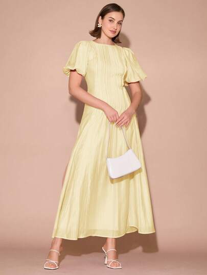 Enchnt 女士优雅纯色泡泡袖连衣裙