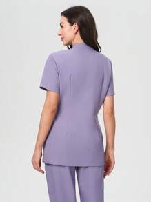 Scrubzie Anti-Wrinkle Stand Collar Long Contrast Color Tie Waist Women's /Nursing Scrub Uniform Top - Purple - View 2