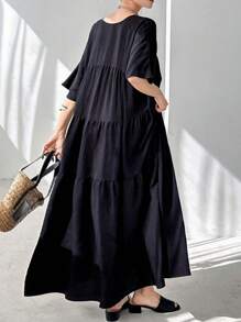 FRIFUL Women's Black Loose A-Line Dress, V-Neck Dolman Sleeve, For Summer,Ruffle