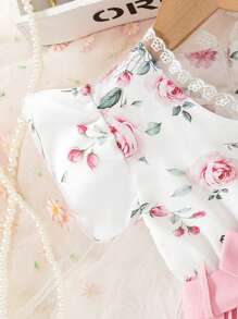 SHEIN Girls Children Summer New Elegant Ditsy Floral V-Neck Patchwork Pleated Dress With Belt, Young Girl Formal Dress - Pink - View 5