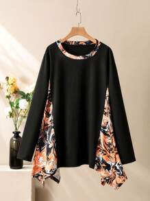 Lacomfia 2pcs Plus Size Colorblock Print Asymmetrical Top And Pants Set