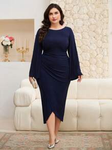 Modelyn Plus Size Solid Color Long Sleeve Dress, Simple & Fashionable, Suitable For Summer - Navy Blue - View 6