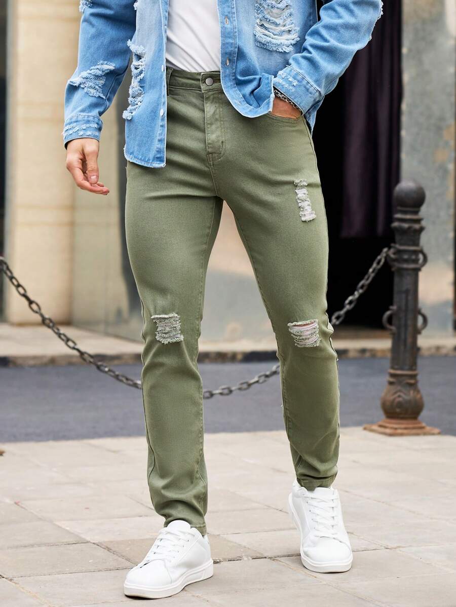 Manfinity Homme Men's Olive Green Distressed Jeans - Army Green - View 1