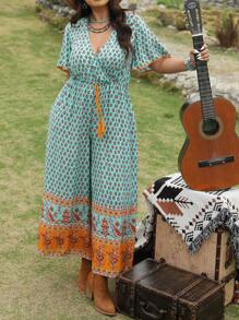 LanaWest Plus Size V-Neck Straight Jumpsuit With Short Sleeves - Multicolor - View 4