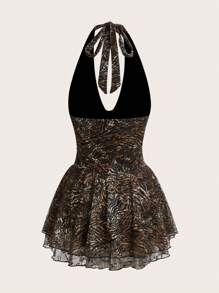 SHEIN ICON Women's Spring Summer Fashionable Club Women Outfits Going Out Outfits Animal Print Lace Backless Mini Halter Sexy Mini Dress - Multicolor - View 3